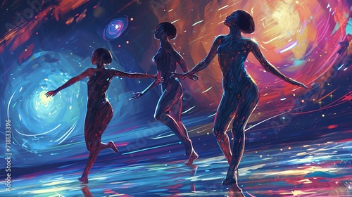 Ethereal Quantum Dance - Three Silhouetted Figures Dancing Amidst Cosmic Lights and Parallel Realities