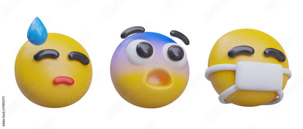 Fototapeta premium Set of painful 3D emoticons. Cold sweat, blue forehead, medical mask. Quarantine, isolation, poor condition. Danger of disease, epidemic. Take care of your health