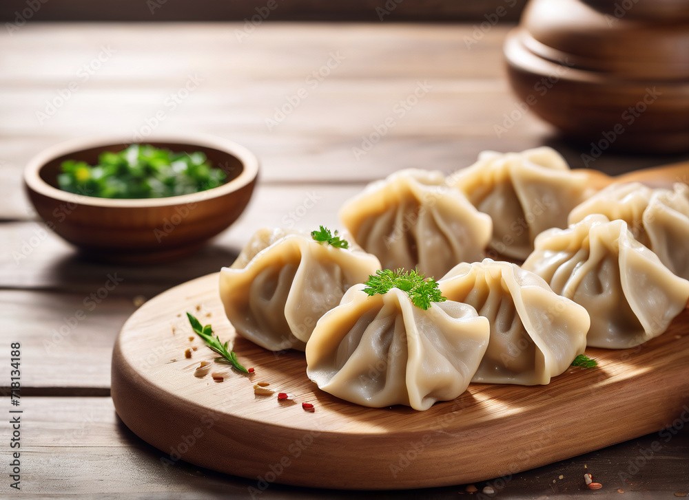 delicious dumplings close up on wooden board