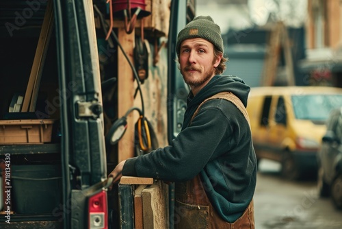 Smiling Young Tradesman: A Portrait of a 20s Caucasian Man with Tools and a Van