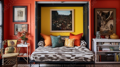 Eclectic guest room with a foldable Murphy bed and an artistic frame