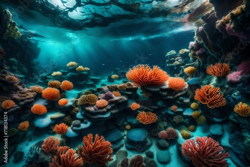 A surreal underwater world filled with vibrant, wavy coral reefs