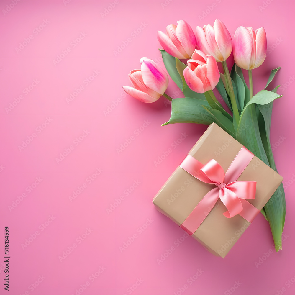 Top view of gift box with ribbon and bouquet of tulips on a pink background, representing love and romance for Mother's Day or Valentine's Day concept.