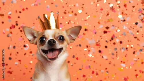 Happy smiling dog Chihuahua in golden crown and flying confetti on peach fuzz background. Birthday  carnival concept.