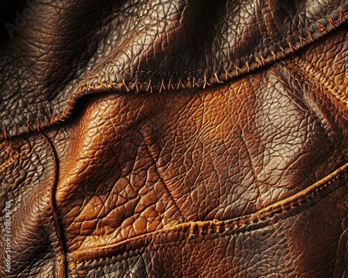 Brown Crinkled Leather Patch Background with Stitched Edges