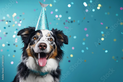 Happy smiling dog with party hat on cyan background. Holiday concept.