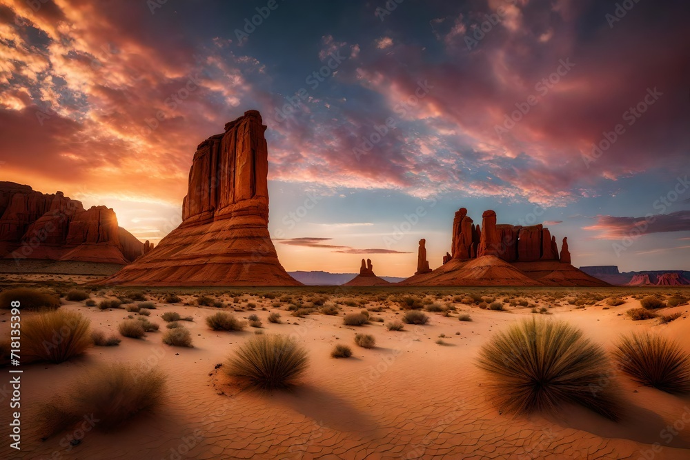 A textured rock formation in a desert landscape under a vibrant sky