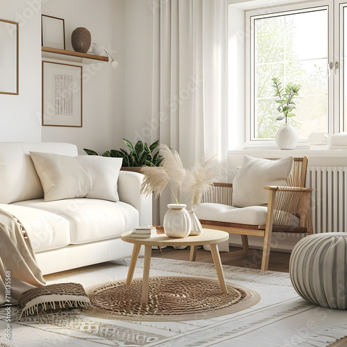 A 3D rendered cozy white living room interior with comfortable furniture, inviting decor, and a warm ambiance, ideal for home interior mockups.