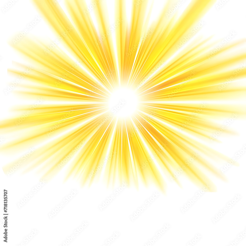 Vibrant and high-quality vector illustration of sun rays light overlays with yellow flare glow, isolated on a white background to create unique design effects.