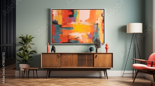 Gallery of framed art pieces above a modern mid-century credenza