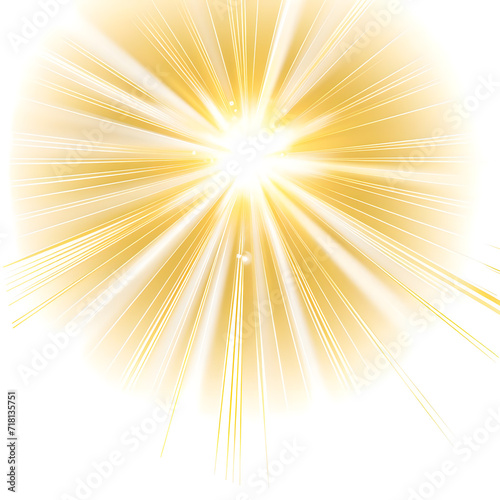 An illustration of high-quality sun rays light overlays with yellow flare glow isolated on a white background.