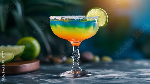 cocktail with lime, colorful and tropical margarita cocktail, featuring a salt-rimmed glass filled with tangy lime juice, tequila, and triple sec photo