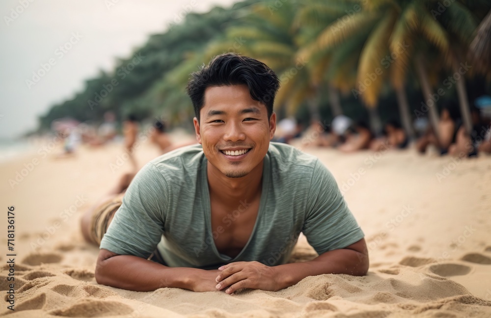 Smiling man laying on sand beach, Vacation theme
