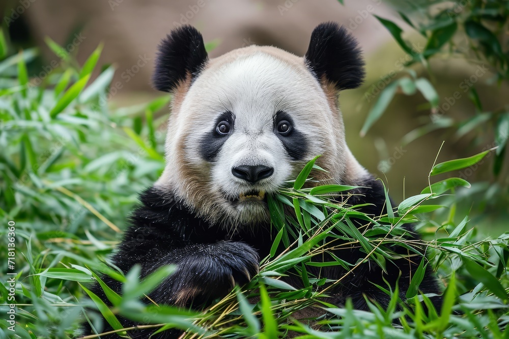 Fototapeta premium A majestic giant panda indulging in its favorite meal of fresh bamboo leaves, showcasing its adorable snout and embodying the beauty of nature and wildlife in an outdoor setting