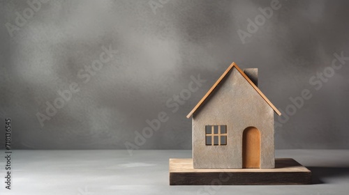 Small model of a house placed on a wooden platform, with a grey background. House Rent, purchase, insurance, mortgage concept