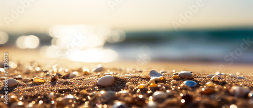 Sandy beach with sparkling bokeh background
