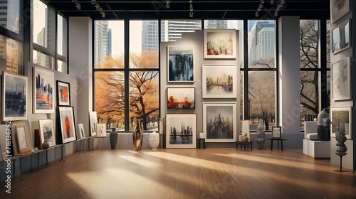 Gallery of frames in various sizes on a wall with floor-to-ceiling windows photo