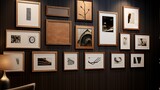 Gallery of frames on a wall with a mix of wooden and metallic accents