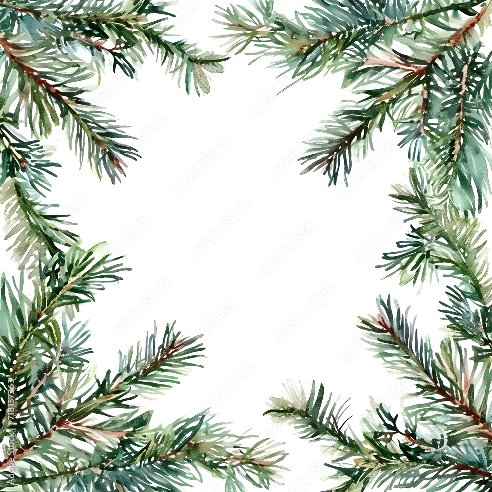 Hand-painted watercolor illustration of Christmas fir branches, creating a festive frame for greeting cards and invitations.