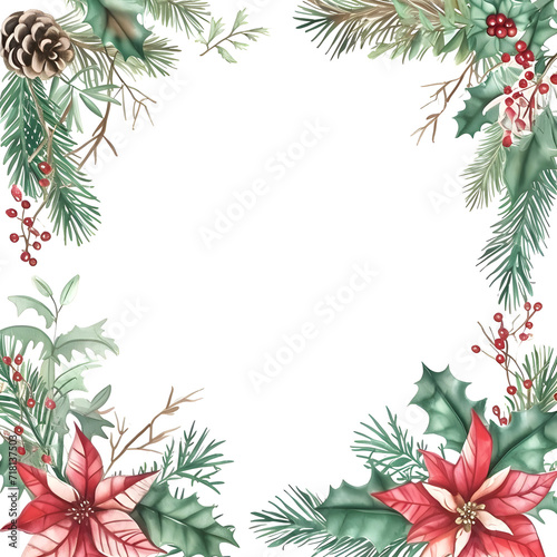 Close-up landscape shot of an elegant Christmas floral frame with winter greenery border, hand-painted in watercolor, perfect for a festive holiday greeting card.