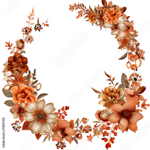 Round autumn floral frame with terracotta and rusty flowers forming a wreath, capturing the warm and cozy fall atmosphere. Perfect for wedding invitations and seasonal designs.