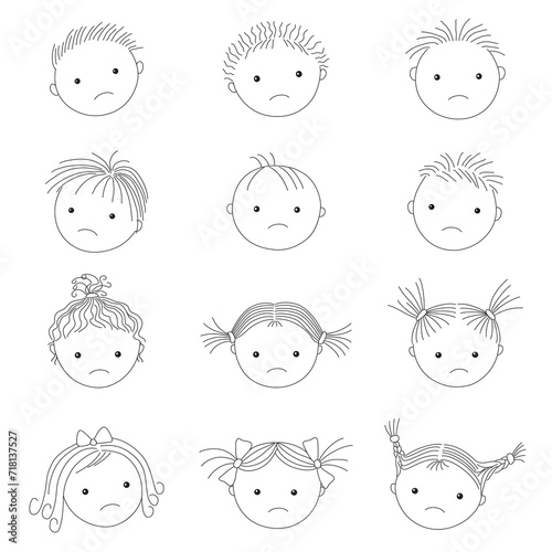 Collection of kids sad faces without smiles in black and white colors. 