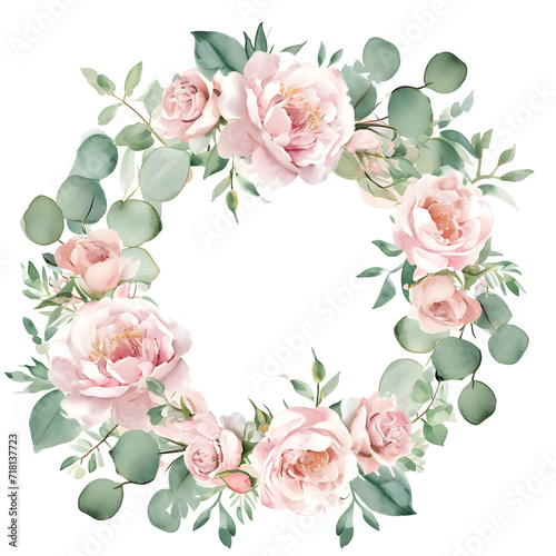 Watercolor wedding clipart featuring light pink flowers, eucalyptus greenery, and soft blush peonies. Perfect for stationary, greeting cards, and fashion designs.