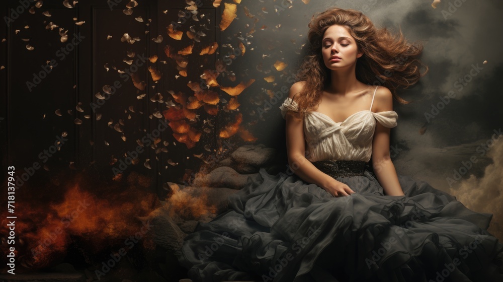 Woman in a dramatic dress with abstract fiery wings. Woman in a dramatic dress with abstract fiery wings.