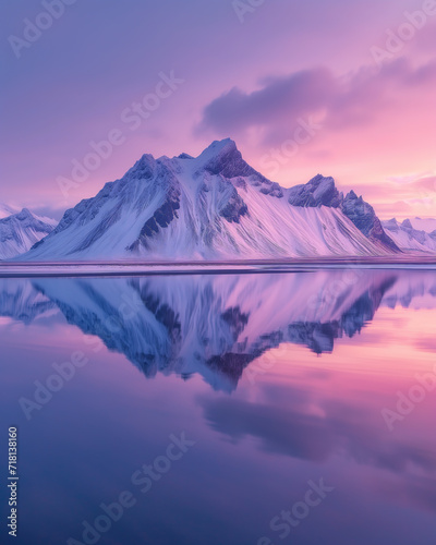 Snow-capped mountains reflected in tranquil waters under a pastel sky 