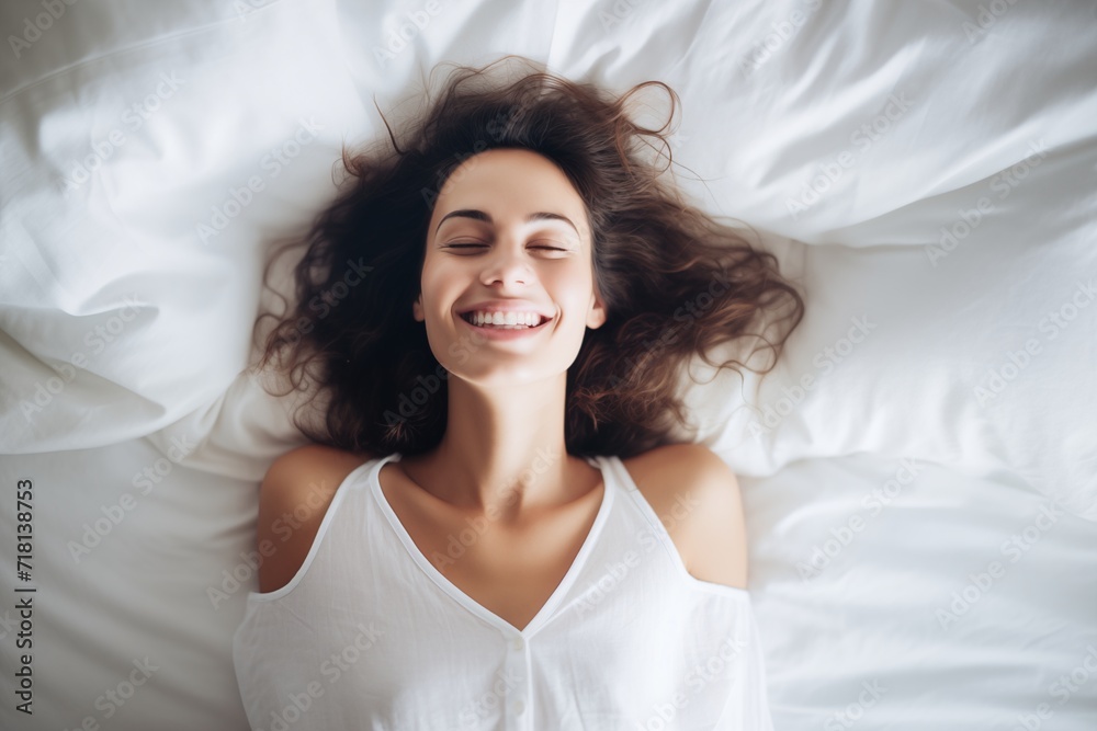 A woman smiles brightly, lying in a bed, exuding happiness and comfort in the morning light. A woman smiles brightly, lying in a bed, exuding happiness and comfort in the morning light.