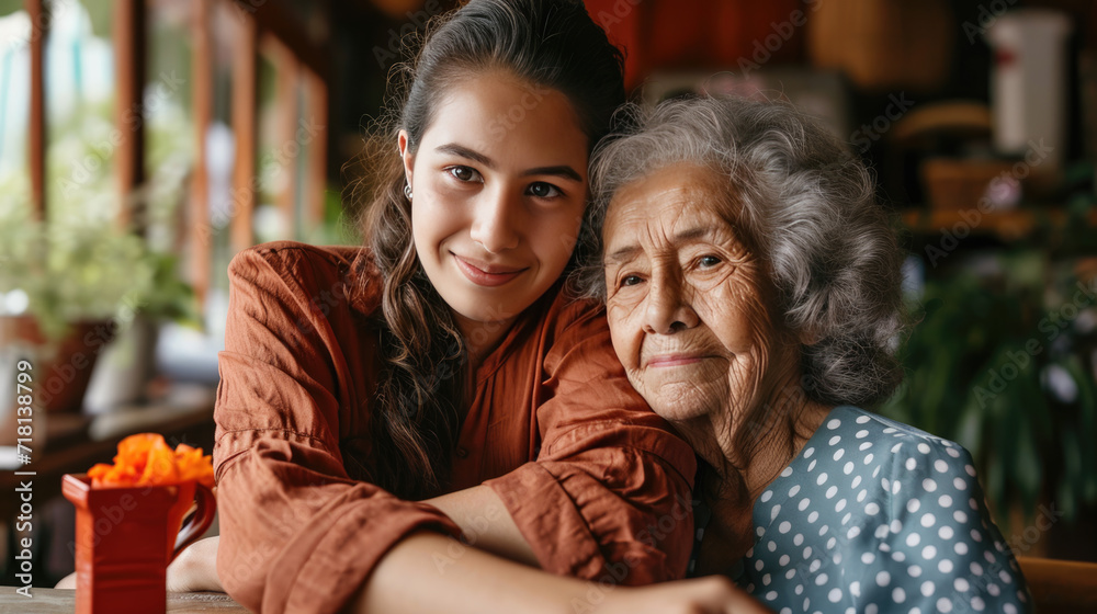Young woman and an elderly woman closely posing together, smiling warmly, giving a sense of family, affection, and generational connection. Young woman and an elderly woman closely posing together, smiling warmly, giving a sense of family, affection, and generational connection.