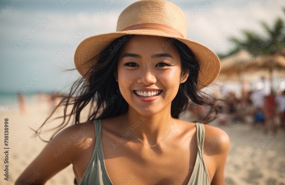 Woan vacation in a beach summertime wearing hat