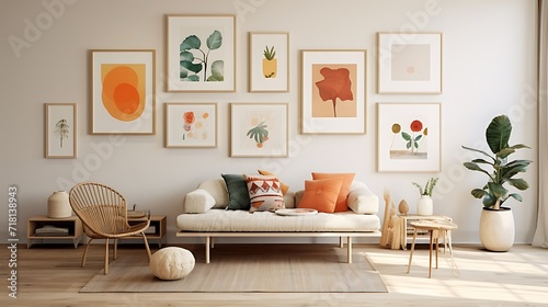 Gallery wall of frames in a room with a Scandinavian-inspired color palette photo