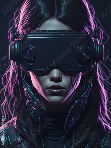Closeup of Girl Wearing VR Headset Illustrations in 4k cyberpunk