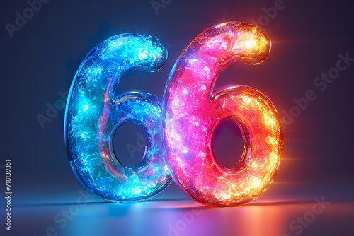 Number 66 - colorful glowing outline alphabet symbol on blue lens flare dark background photo