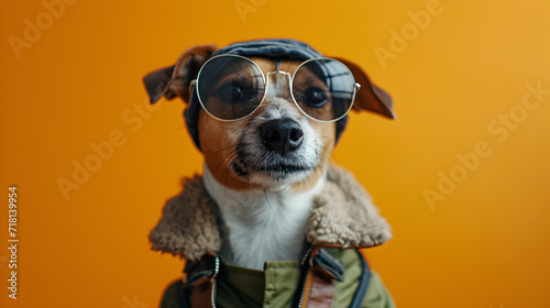 Dog Wearing Glasses and Jacket on Orange Background © vanilnilnilla