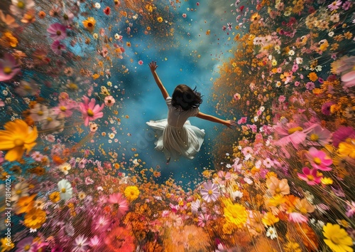 Girl falling through a ring of flowers