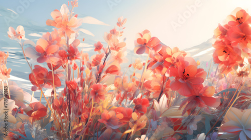 Flower Background dreamy atmosphere,,  vibrant sky accentuates the delicate petals of a beautiful spring flower, inviting viewers to pause and appreciate the splendor of nature  © javed