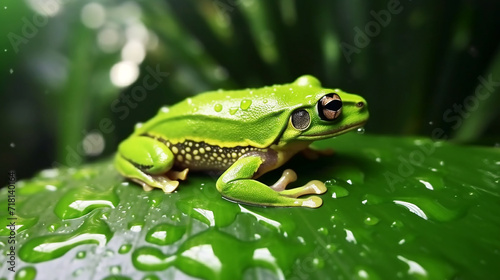 Frog on log with water drops