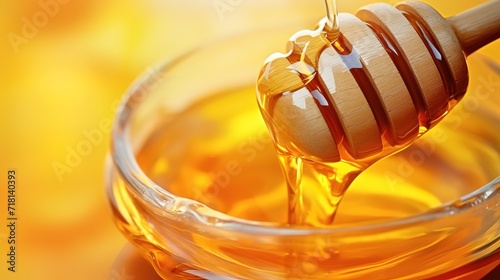 A glass bowl filled with clear golden orange honey with a sweet taste photo