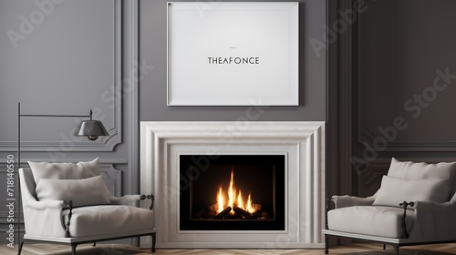 Large statement Mockup poster blank frame above a modern fireplace in an elegant lounge
