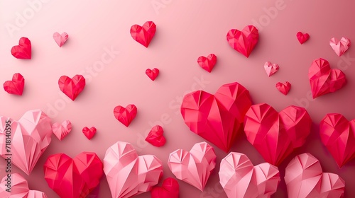 Abstract frame background for Valentine's Day in the shape of 3D paper hearts. 3D hearts in red and pink colors on a geometric background.