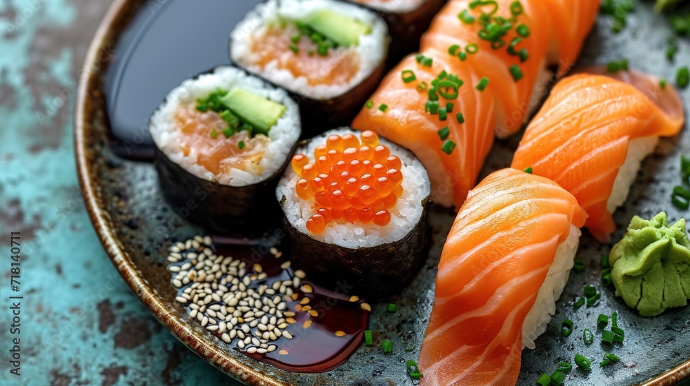 Assorted sushi nigiri and maki big set on slate. A variety of Japanese sushi with tuna and crab. Assorted sushi nigiri and maki big set on slate. A variety of Japanese sushi with tuna and crab.