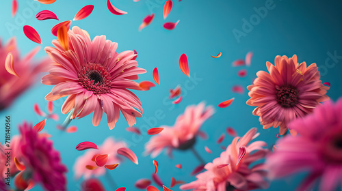 pink gerbera daisies flowers with place for text on a blue sky background. Spring and Summer aesthetic pastel concept - Generative AI © Curva Design