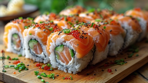 Assorted sushi nigiri and maki big set on slate. A variety of Japanese sushi with tuna and crab.
