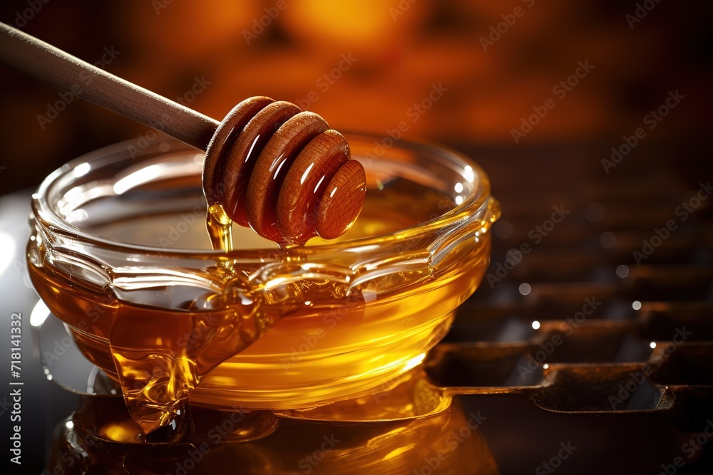 A glass bowl filled with clear golden orange honey with a sweet taste - obrazy, fototapety, plakaty 