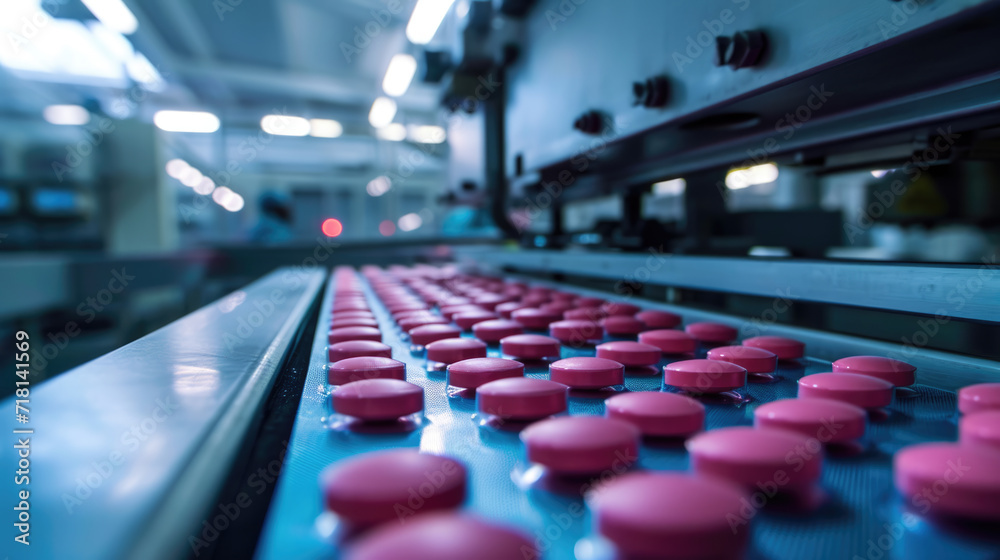 Industrial pharmaceutical production line with a series of purple capsules organized in rows on a conveyor belt Industrial pharmaceutical production line with a series of purple capsules organized in rows on a conveyor belt