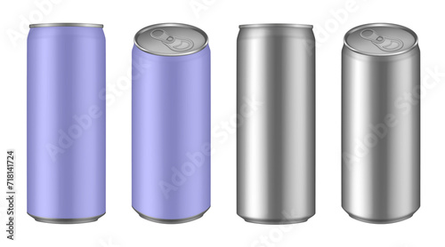 Set of purple and silver tin cans of energy drink, juice or soda. Cocktail or fitness drink. Cold beverages. Can top view	
