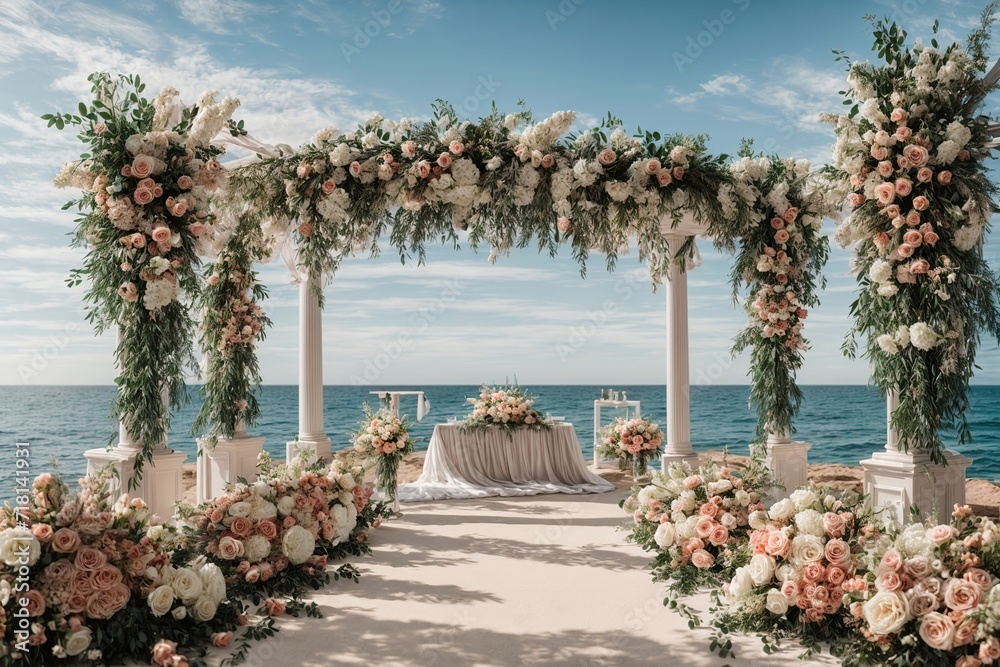 Beautiful wedding arch with vases and fresh flowers against a blue sky and ocean background