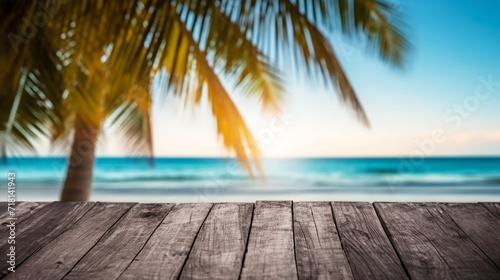 Empty wooden table with sea beach background